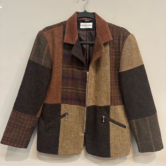 Vintage Jackets & Blazers - Vintage Patchwork Tweed Plaid Wool Blazer Women Size 6 Brown Fall